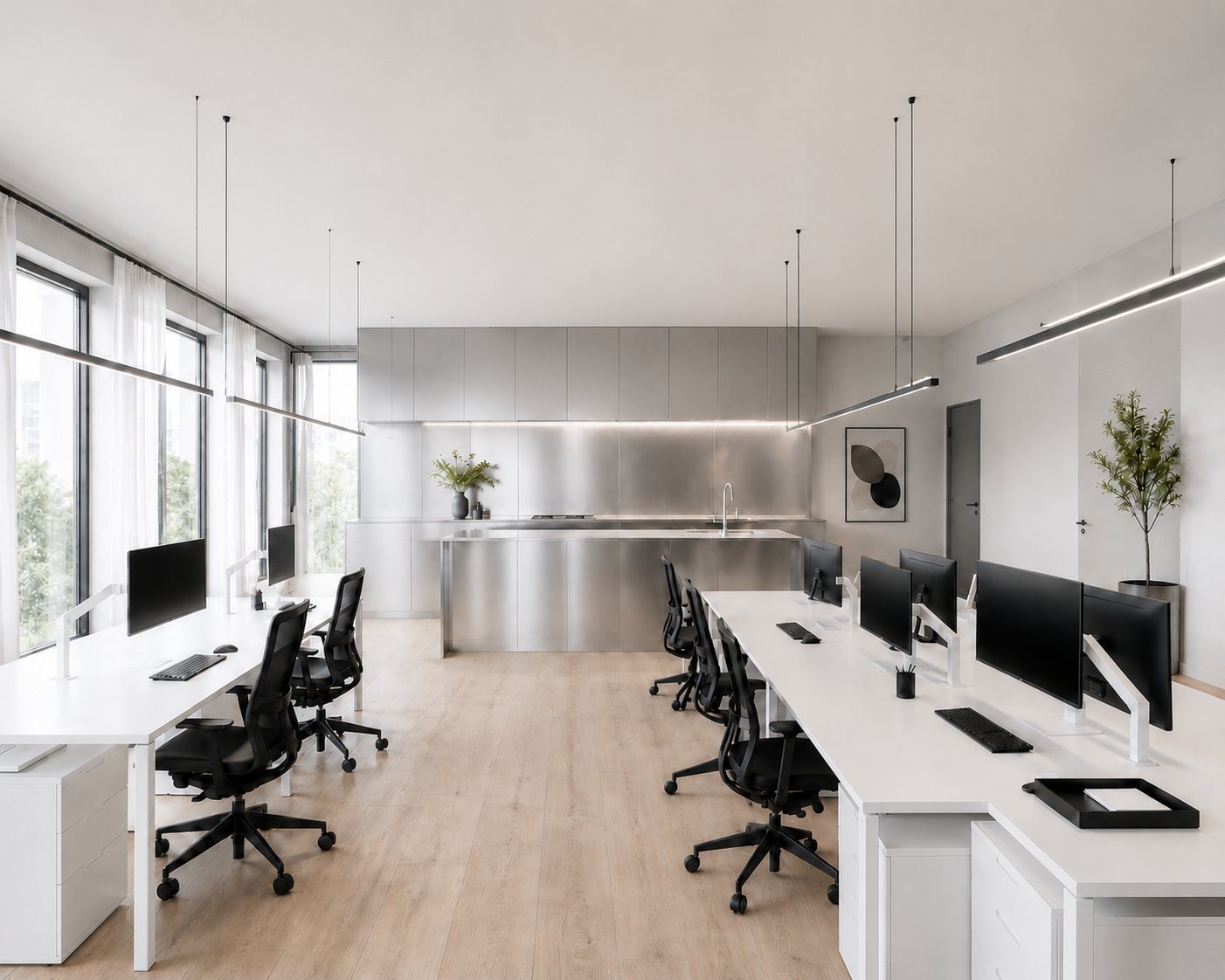 Beach Road office, open workspace looking toward the stainless kitchen