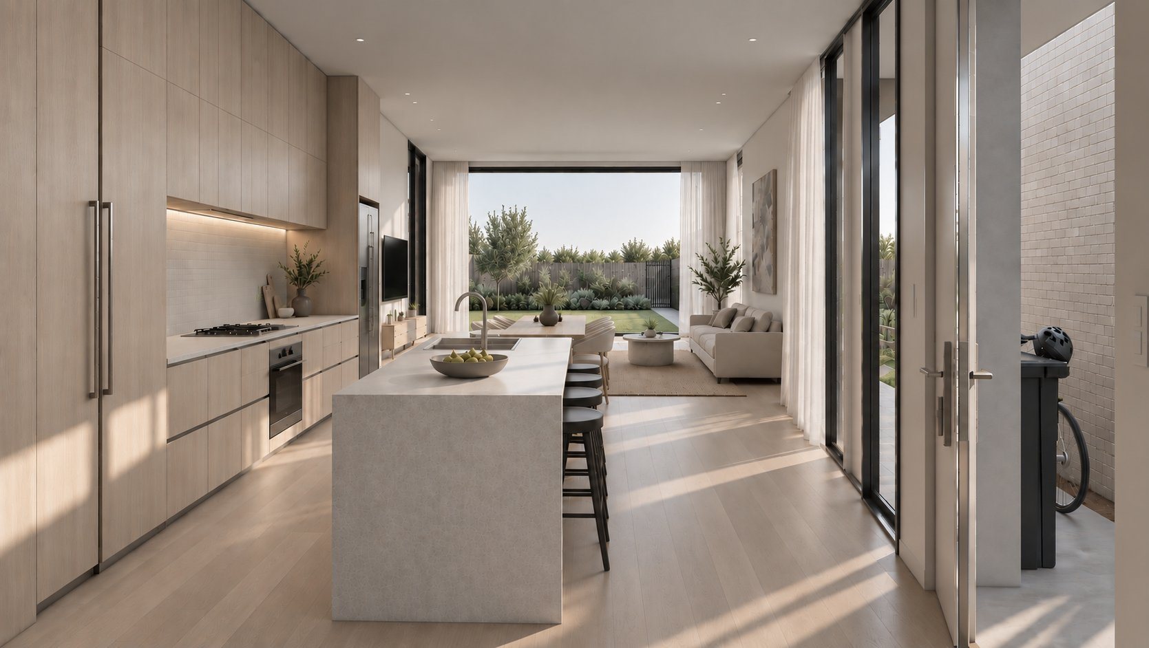 Kitchen and living opening to the garden