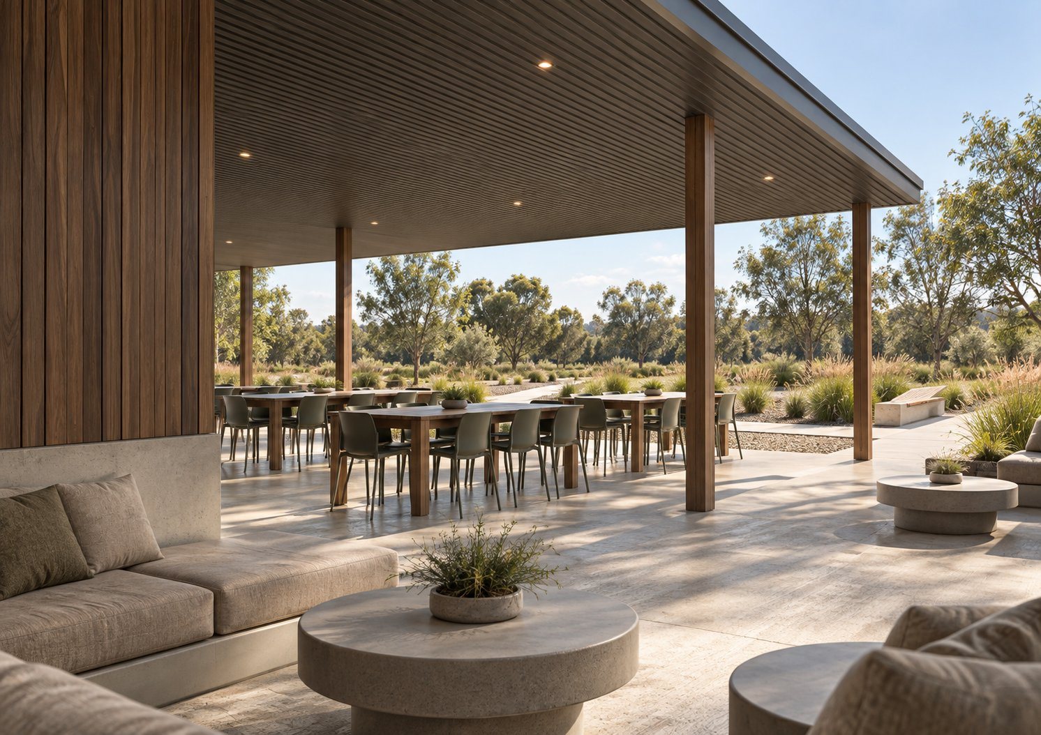 Golf course pavilion, covered terrace looking over the course