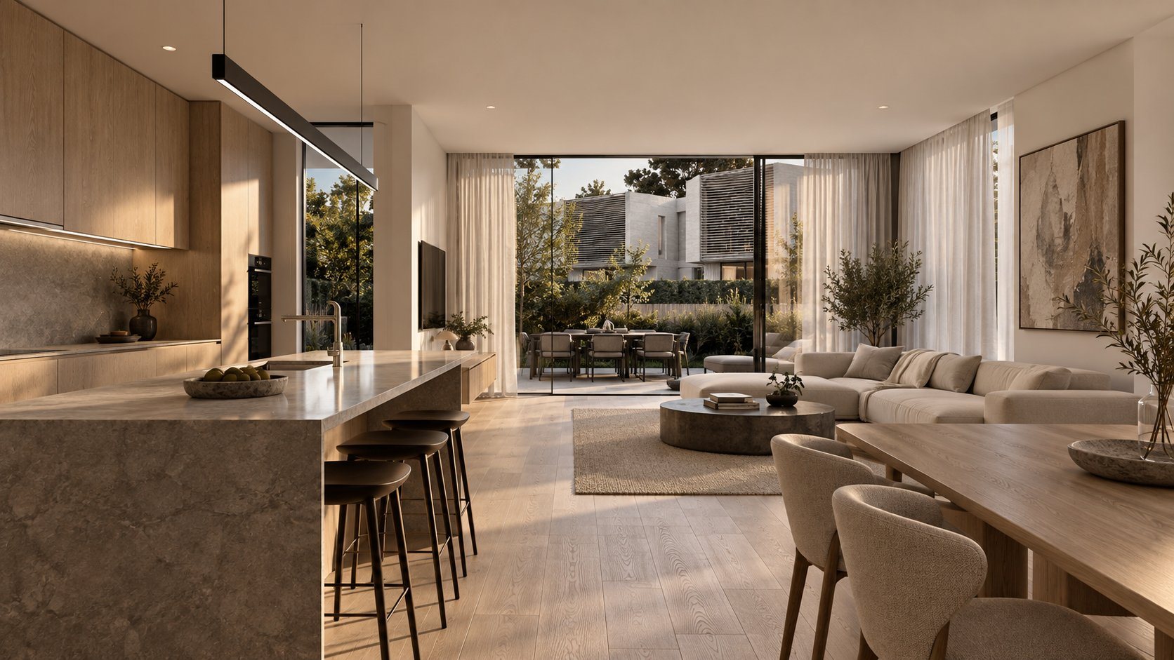 Pakuranga Residence, kitchen, dining and living opening to the garden